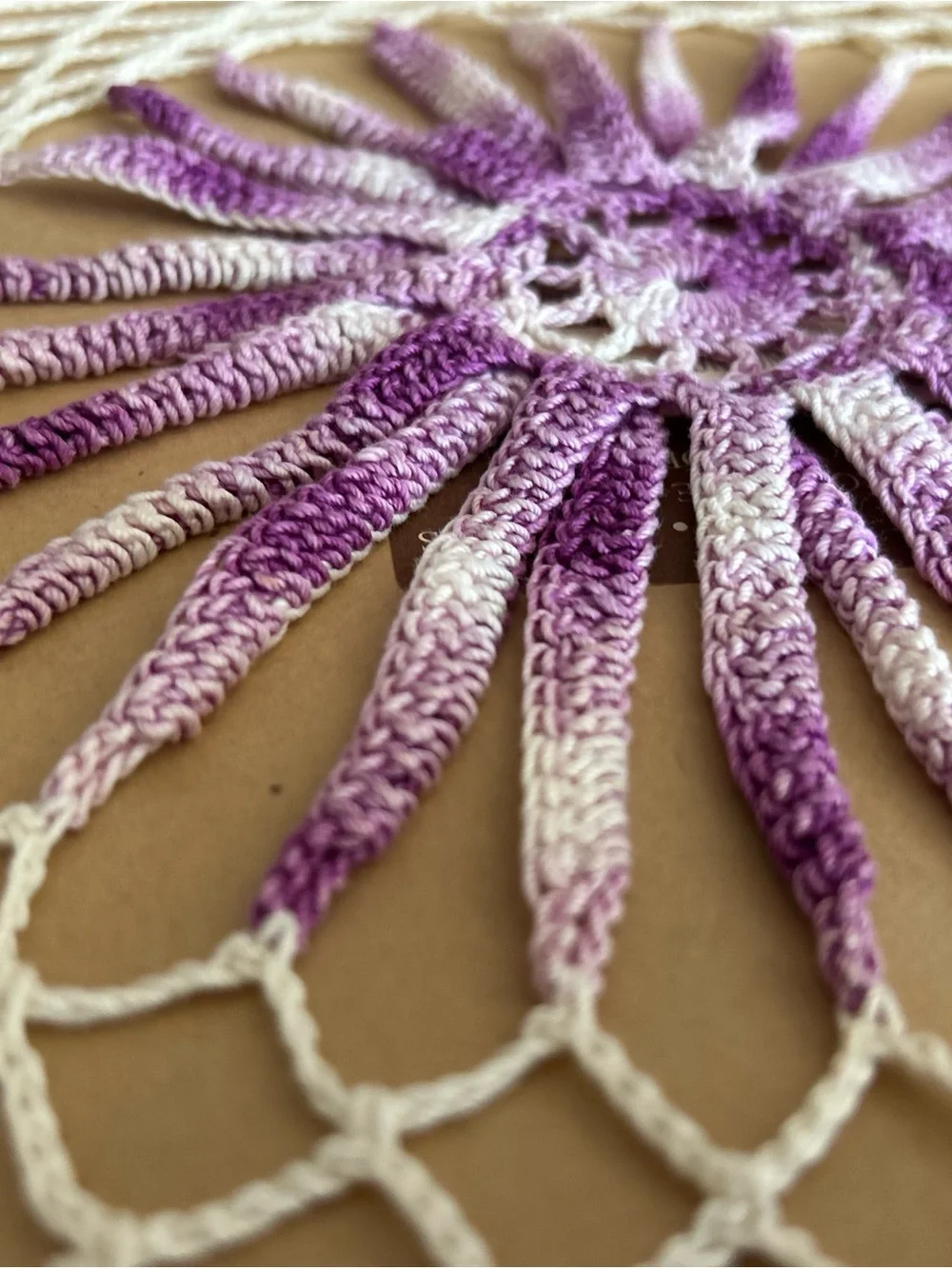 Handmade Purple and White Crochet Doily Accent large sunburst 30”